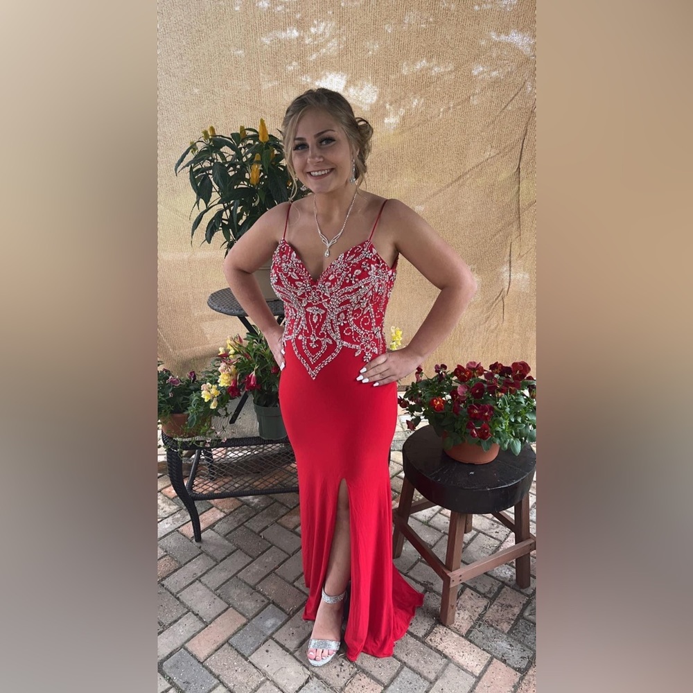 Red sweetheart rhinestone jersey prom dress